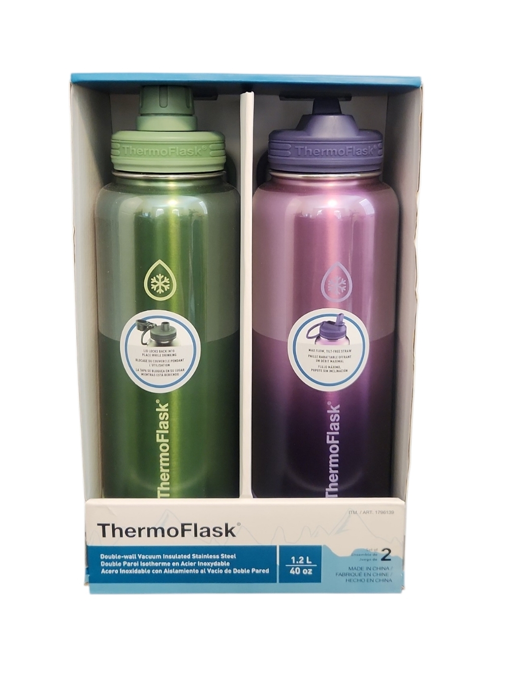 ThermoFlask 40 oz Insulated Stainless Steel Bottle Duo — Green & Purple